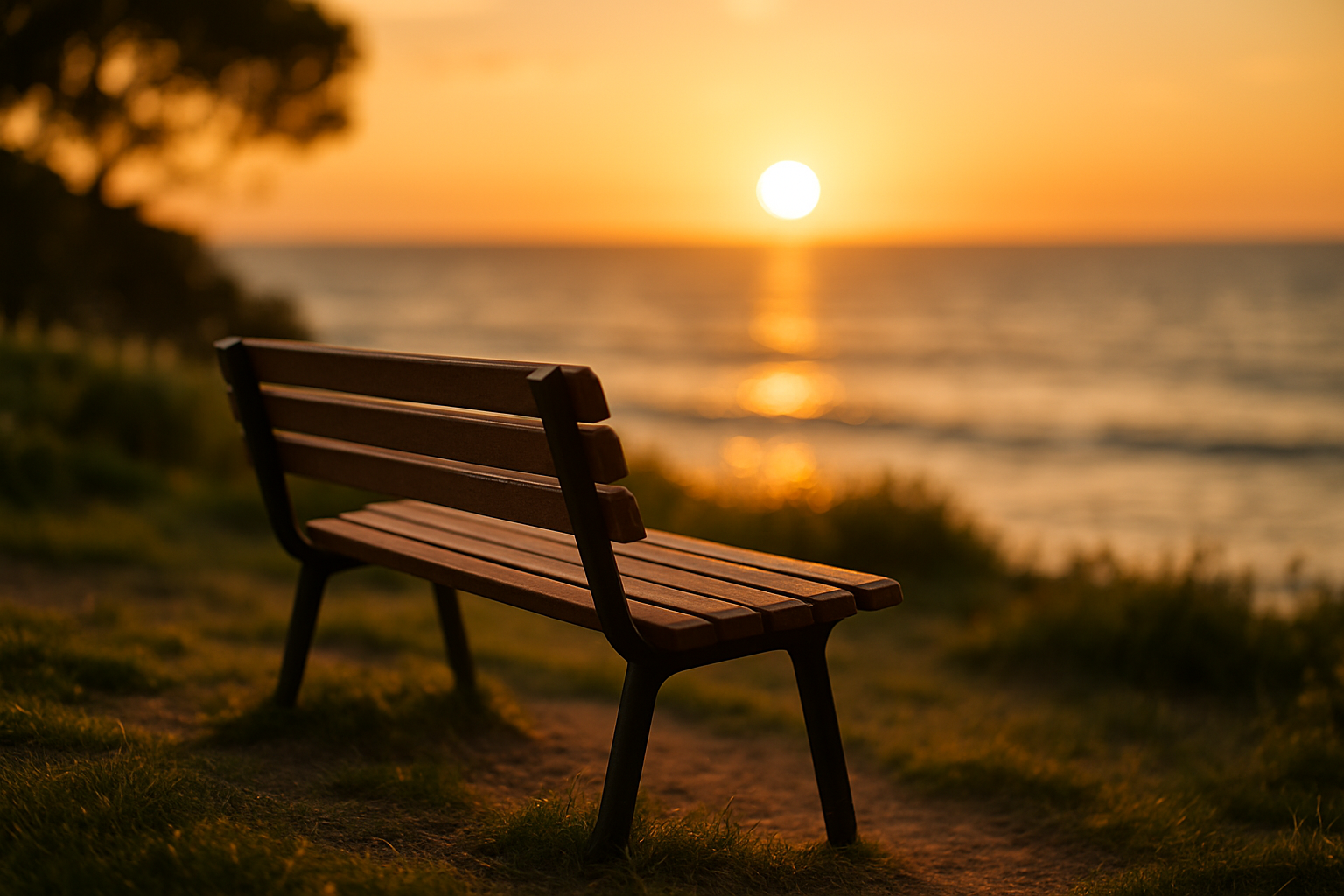 sahile yakın bir park deniz manzaralı güneş batmaya yakın ve ortada çapraz bir açıdan görünen bank. Sadece bank net ve arkı plan flu