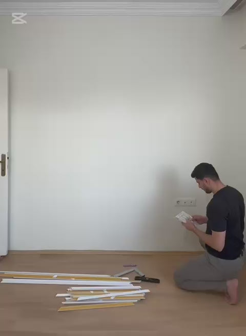 Load video: Self-Adhesive Ready to Assemble Wall Molding Pack, Pre-Cut Factory Primed